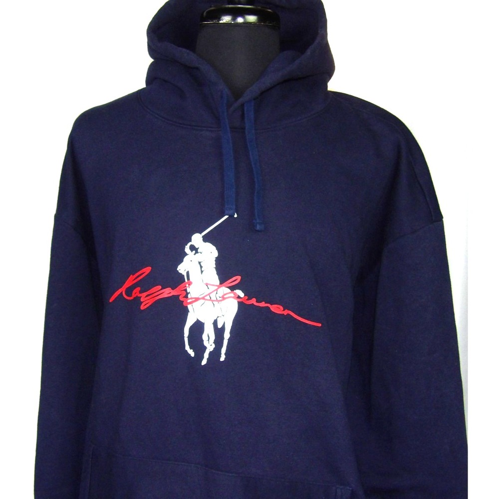 Polo Ralph Lauren Navy Blue Pull Over Graphic Hoodie Sweatshirt Men's 3XL Tall